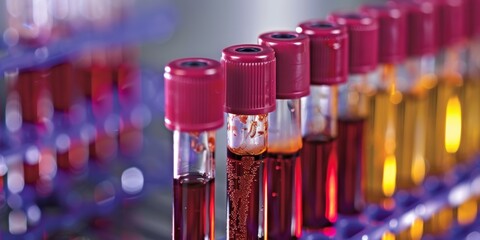 Vibrant close-up of blood sample vials in laboratory setting, emphasizing medical research and healthcare innovations.