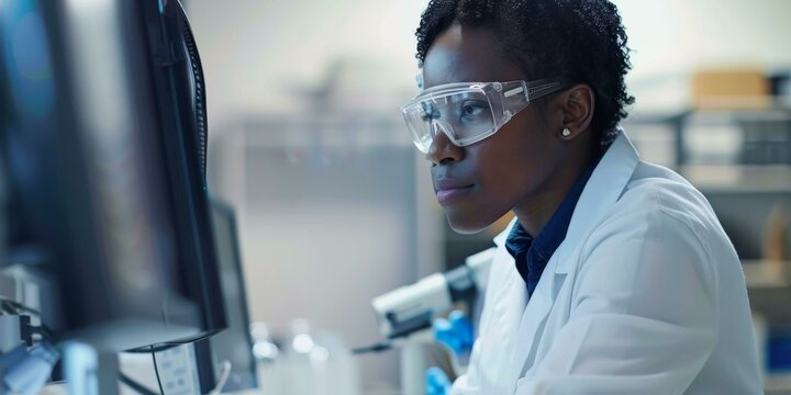 Focused Black female scientist examining data on computer monitor in modern laboratory, wearing lab coat and protective glasses, symbolizes innovation and research.