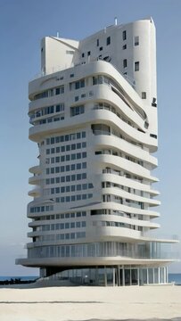 The high - rise building of the hotel in the constructivist style on the seashore.
