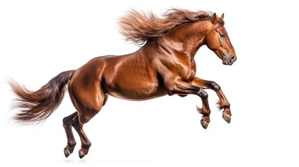 Galloping brown horse on white background