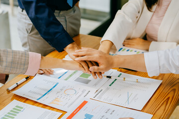 Group of businesspeople busies discussing financial Business people brainstorming at office desk,...