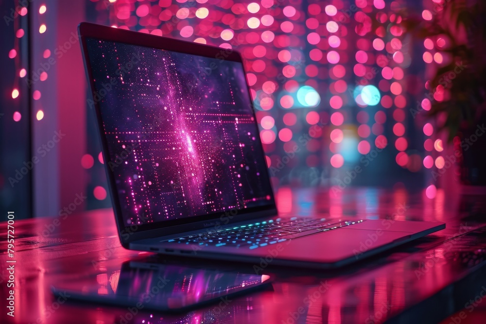 Poster a futuristic laptop with a dazzling display of digital patterns symbolizing connectivity and innovat