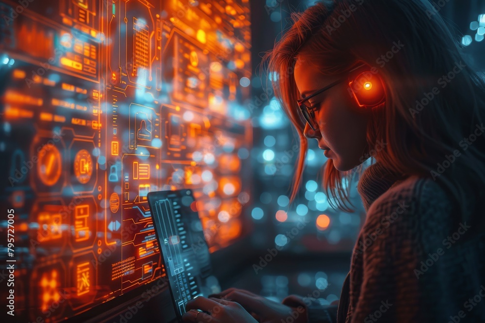 Poster a concentrated individual types away on a keyboard surrounded by a backdrop of advanced computer cod
