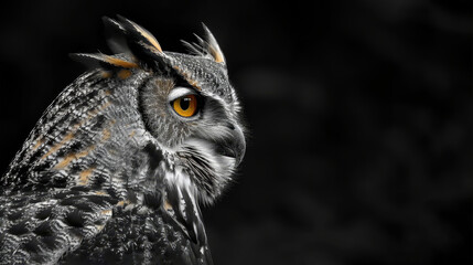   A tight shot of an owl's expressive face, showcasing vibrant orange and yellow eyes set in the middle of its head