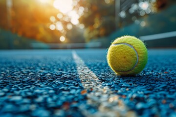 A close-up of a tennis ball resting on a blue hard court with sun filtering through at sunrise, highlighting the texture - obrazy, fototapety, plakaty