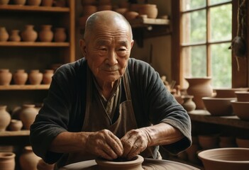 An elderly master potter shapes clay on the wheel. His skilled hands mold the future of his craft.