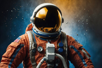 portrait of an astronaut in darkened helmet and space suit in the cosmos covered with smoke and...