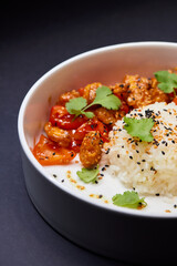 Delicious dish of Basmati rice and meat on the table
