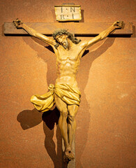 MILAN, ITALY - MARCH 6, 2024: The carved polychrome Crucifixion in the church Basilica di San...
