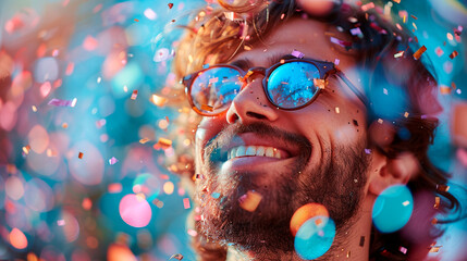 Man Wearing Sunglasses Surrounded by Confetti. Generative AI