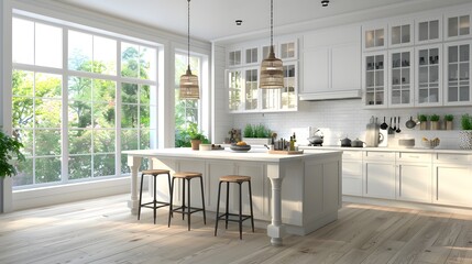 A bright and airy kitchen with large windows, white shaker cabinets, and a central island with bar stools