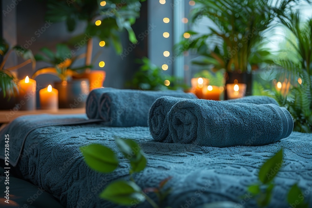Aufkleber an inviting spa scene with neatly rolled blue towels on top of a patterned bedspread, surrounded by 