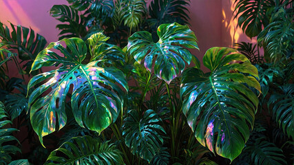 A monstera with leaves that shimmer like a rainbow in the harsh sunlight that casts shadows on the pink wall