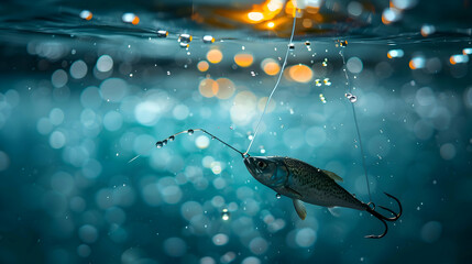 An illustration of a simple fishhook without bait under clear water