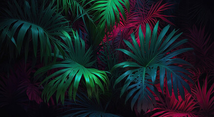 Large palm leaves on a bright red-orange background