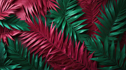 Palm leaves in contrasting pink and green shades with dew drops on a dark background