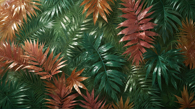 Exotic multicolored leaves glisten in the sun, top view