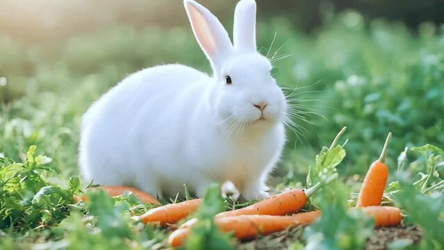 white rabbit chewing a carrot