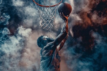 Basketball player performing a slam dunk