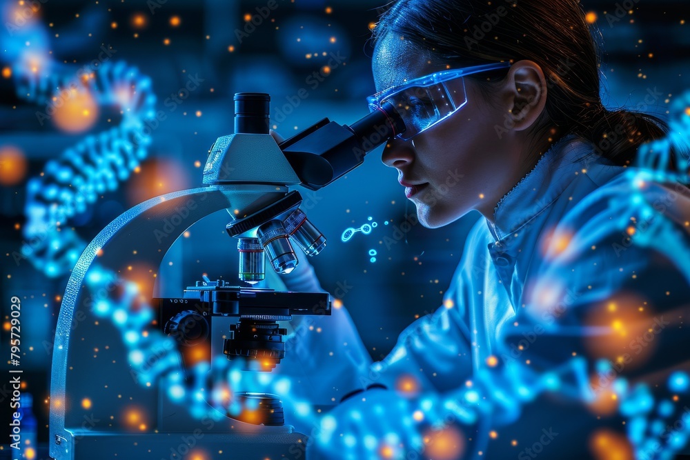 Poster a focused scientist examines dna sequencing under a microscope amidst a dynamic backdrop of animated