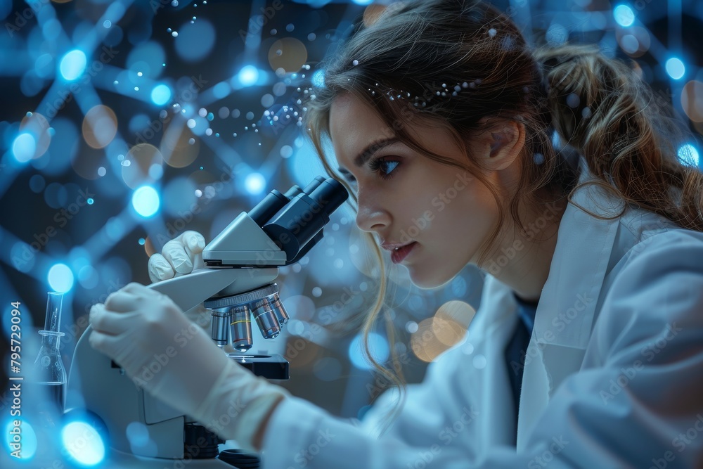 Poster in a modern laboratory setting, a scientist is deeply engaged in the analysis of molecular structure