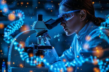 A focused scientist examines DNA sequencing under a microscope amidst a dynamic backdrop of animated DNA strands and molecular structures
