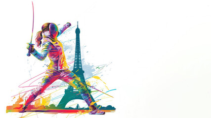 Colorful illustration of female fencer holding a sword by eiffel tower