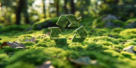 Innovative Green Recycling Symbols Made of Moss Set in a Forest, Representing Sustainability and Eco-Friendliness Amidst a Natural, Lush Environment on a Sunlit Day, Generative AI
