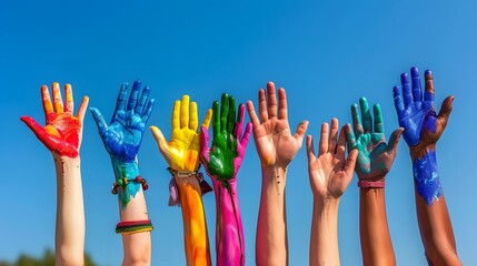 A close-up HDR shot of diverse hands raised together, each painted in different colors of the rainbow, symbolizing unity and strength, against a clear blue sky - Powered by Adobe