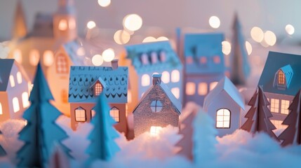 Dreamy Twilight Paper Village with Snow and Soft Focus Photography.