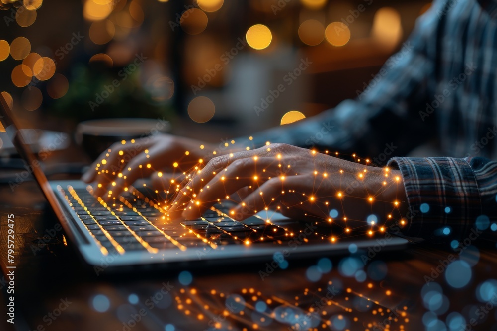 Poster glowing connectivity graphics flow from a laptop as hands engage with it in a dark room, portraying 