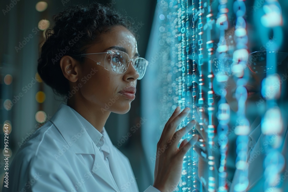 Poster curious scientist exploring a digital interface, suggesting modern data analysis in a tech-driven en