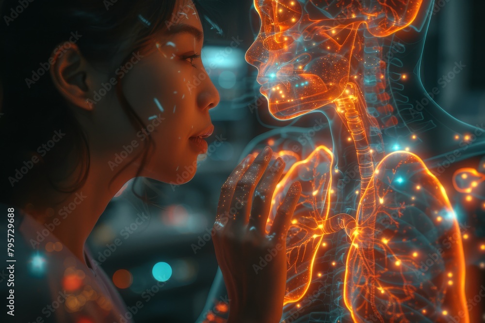 Poster display of a virtual human respiratory system with a scientist interacting, symbolizing cutting-edge