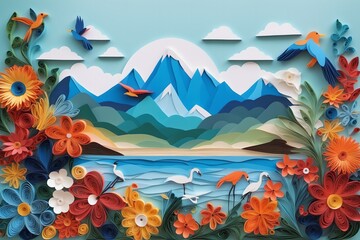 Colorful wildlife, flora and fauna in paper art style,inspired by quilling and scrapbooking, promoting nature conservation, perfect for design use with side view