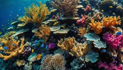 Naklejka na ściany i meble Coral Reef Kaleidoscope, A Vibrant Underwater Landscape Teeming with Colorful Coral Reefs and Marine Life.