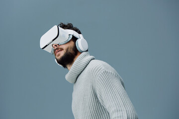 Man headset digital visual device glasses goggles virtual technology innovation reality modern game...