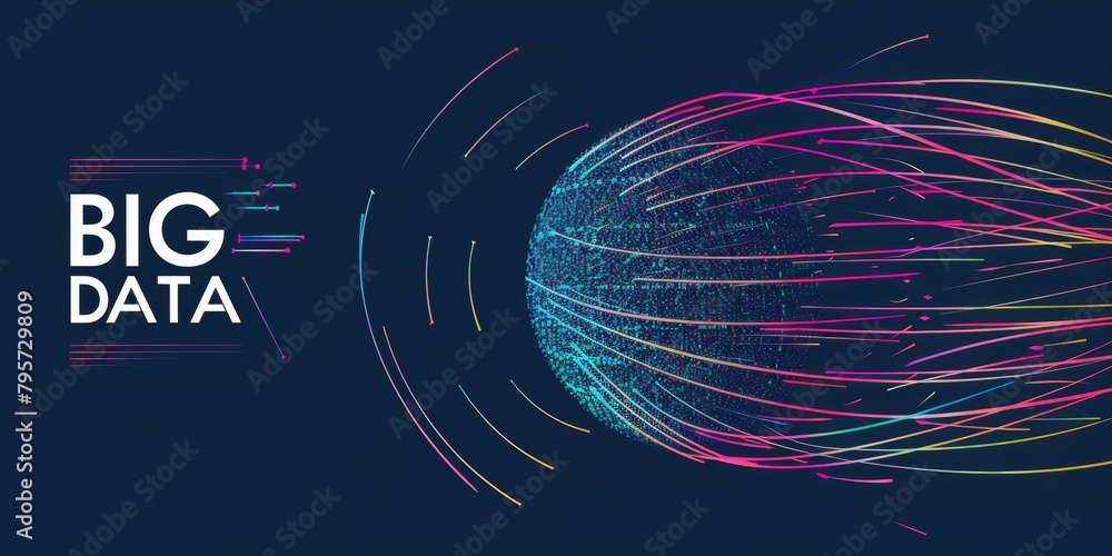 Poster an abstract sphere made up of colorful lines, with the text 