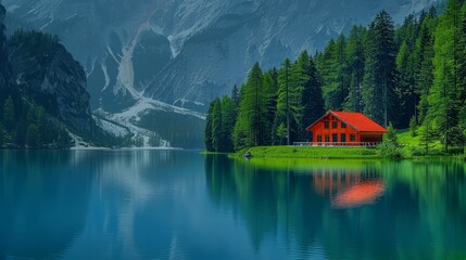 Fototapeta na wymiar A red house atop a lush, green hillside overlooks a lake Mountain range in background