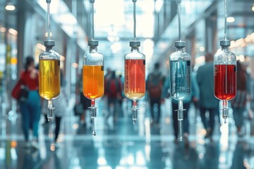 A row of colorful IV fluid bags displayed in a contemporary, busy hospital hallway, emphasizing diverse treatment options