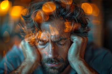 Fototapeta premium A mature man with a beard and brooding expression holds his head, portraying a moment of stress or concern
