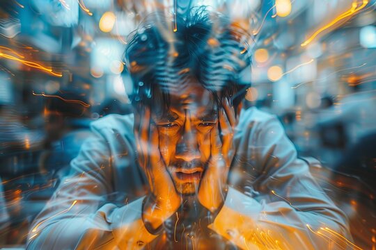 A man in visible distress with his hands on his head surrounded by intense glowing lights, conveying a sense of overwhelm or mental pressure
