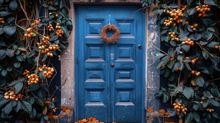   A blue door adorned with a wreath of green leaves and orange berries
