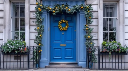   A blue front door adorned with an orange wreath atop and two planters flanking each side