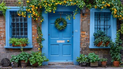 Fototapeta na wymiar A blue front door adorned with wreaths on each side, flanked by potted plants