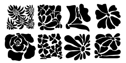 Black flowers and leaves, butterfly, rose, sunflower. Minimal design