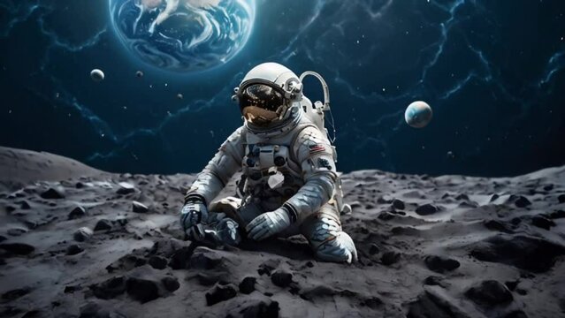 Astronaut on the moon with Earth in the distance and a starry space background