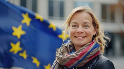 Close-up of woman with European flag, Woman standing with a European flag on a city street. 