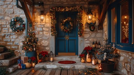   A front porch decorated for Christmas with a wreath on the door and one on each window