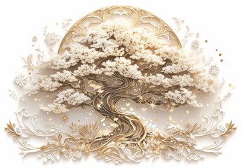 golden tree of life vector design in the style of cutout paper art