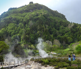 The hot steam from volcanic activity near the Lagoa das Furnas, Azores. 